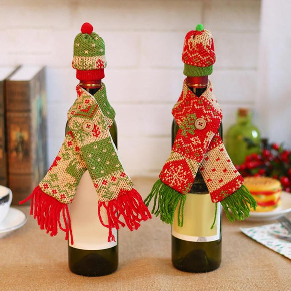 Christmas Red Wine Bottle Cover Set Scarf + Knitted Hat Champagne Bottle Cover Christmas Hat Table Decoration - Wines Club