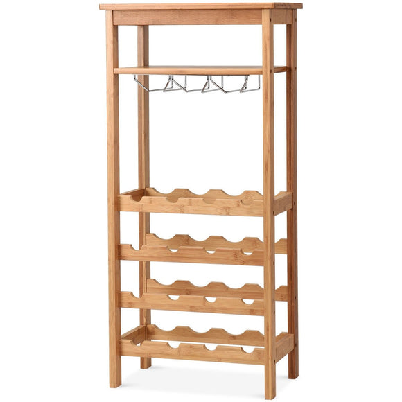 16 Bottles Bamboo Storage Wine Rack with Glass Hanger - Wines Club